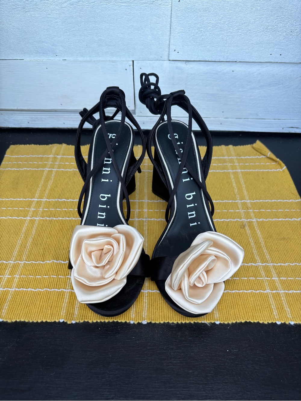 Gianni Bini Black Dakota ankle strap with Cream Satin Rose Accents